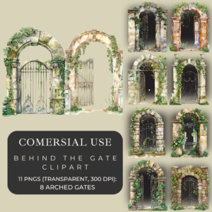Secret Garden Arched Gates – Watercolor Clipart (Set of 11 PNG • 300 dpi • Transparent)