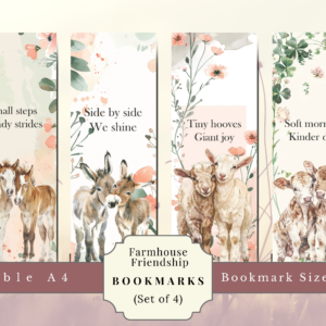 Farmhouse Friendship – Baby Farm Animal Bookmarks (Set of 4) | A4 Printable (Foal, Donkey, Lamb, Calf)
