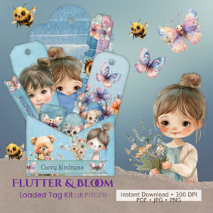 Flutter & Bloom Loaded Tag Kit – 28 Printable Pieces | Junk Journal & Crafting Kit