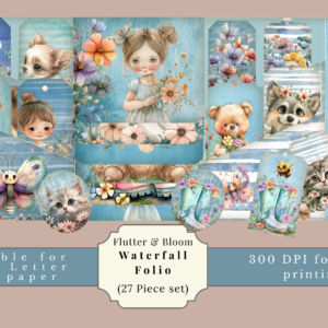 Flutter & Bloom Waterfall Folio – 27-Piece Printable Junk Journal Kit