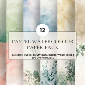 Pastel Watercolour Paper Pack (12) – A4 & US Letter | Sage, Dusty Blue, Blush, Warm Beige | 300 dpi Printable