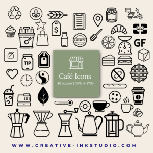 Café Icons – 50 Minimal Outline Icons (SVG + PNG)