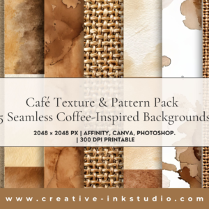 Café Texture & Pattern Pack — a curated collection of 15 seamless textures and patterns inspired by coffee culture, kraft paper, and handmade artistry. Perfect for creatives, small businesses, and designers who love warm neutrals, natural texture, and a handcrafted finish.