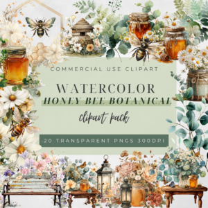 Watercolor Honey Bee Botanical Clipart Pack – 20 PNGs | Commercial Use | 300 DPI