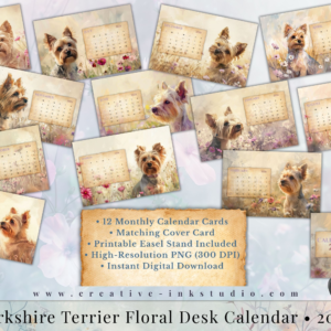 Yorkshire Terrier Floral Desk Calendar • 2026 (Printable)
