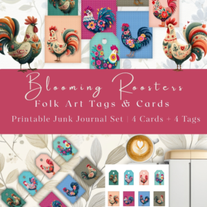 Blooming Roosters – Folk Art Tags & Cards | Printable Junk Journal Set
