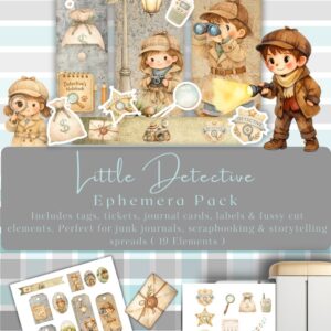 Little Detective Ephemera Pack – Printable Junk Journal & Fussy Cut Set (19 Elements)