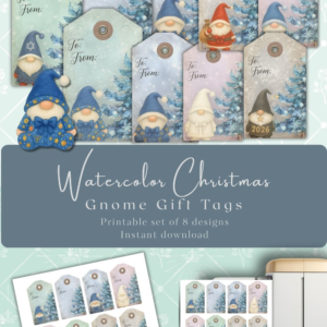 Watercolor Christmas Gnome Gift Tags – Printable Set of 8 Designs