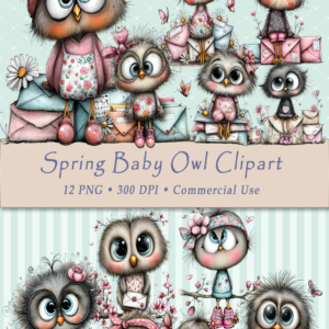 Spring Baby Owl Watercolor Clipart – 12 PNG Files
