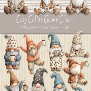 Cozy Coffee Gnome Clipart – Watercolor Coffee Gnomes PNG