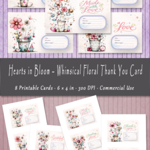 Hearts in Bloom – Whimsical Floral Thank You Card Set (Printable, 6×4 in)