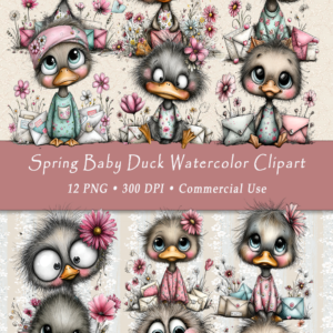 Spring Baby Duck Watercolor Clipart – 12 PNG Files