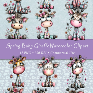 Spring Baby Giraffe Watercolor Clipart – 12 PNG Files