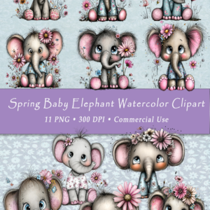 Spring Baby Elephant Watercolor Clipart – 11 PNG Files