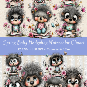 Spring Baby Hedgehog Watercolor Clipart – 12 PNG Files