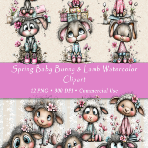 Spring Baby Bunny & Lamb Watercolor Clipart – 12 PNG Files