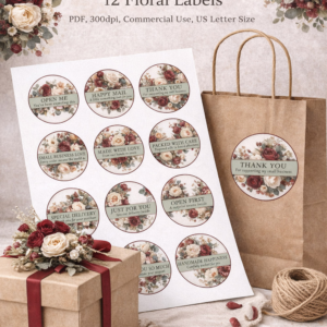 Printable Deep Red Floral Thank You Stickers